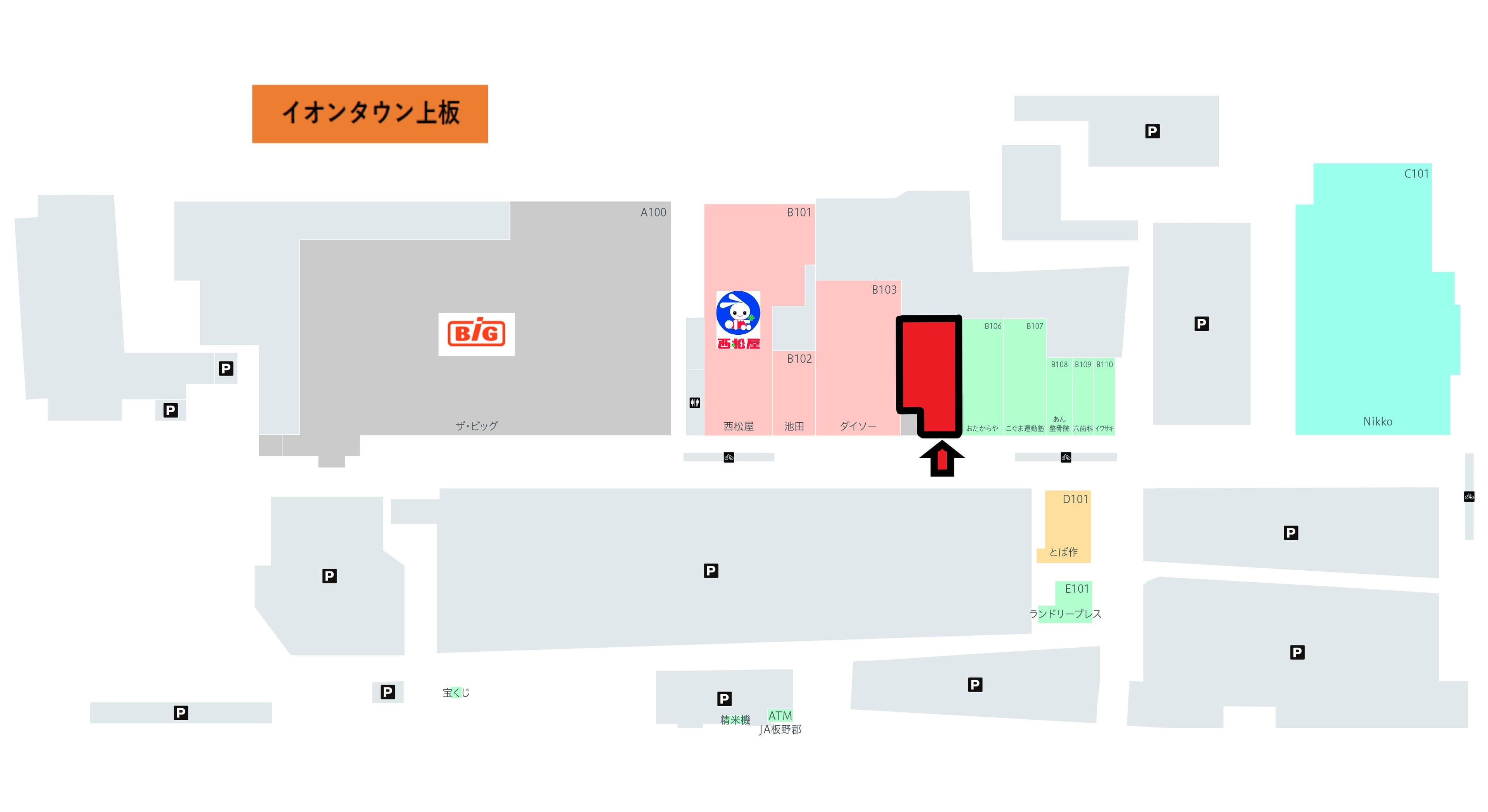 上板B-105:52.2坪 サービス(携帯販売修理・保険・各種教室、フィットネス・ガチャ等)、物販(雑貨・衣料(子供除く)・自転車・靴・アウトレット品等)の図面・フロアマップ