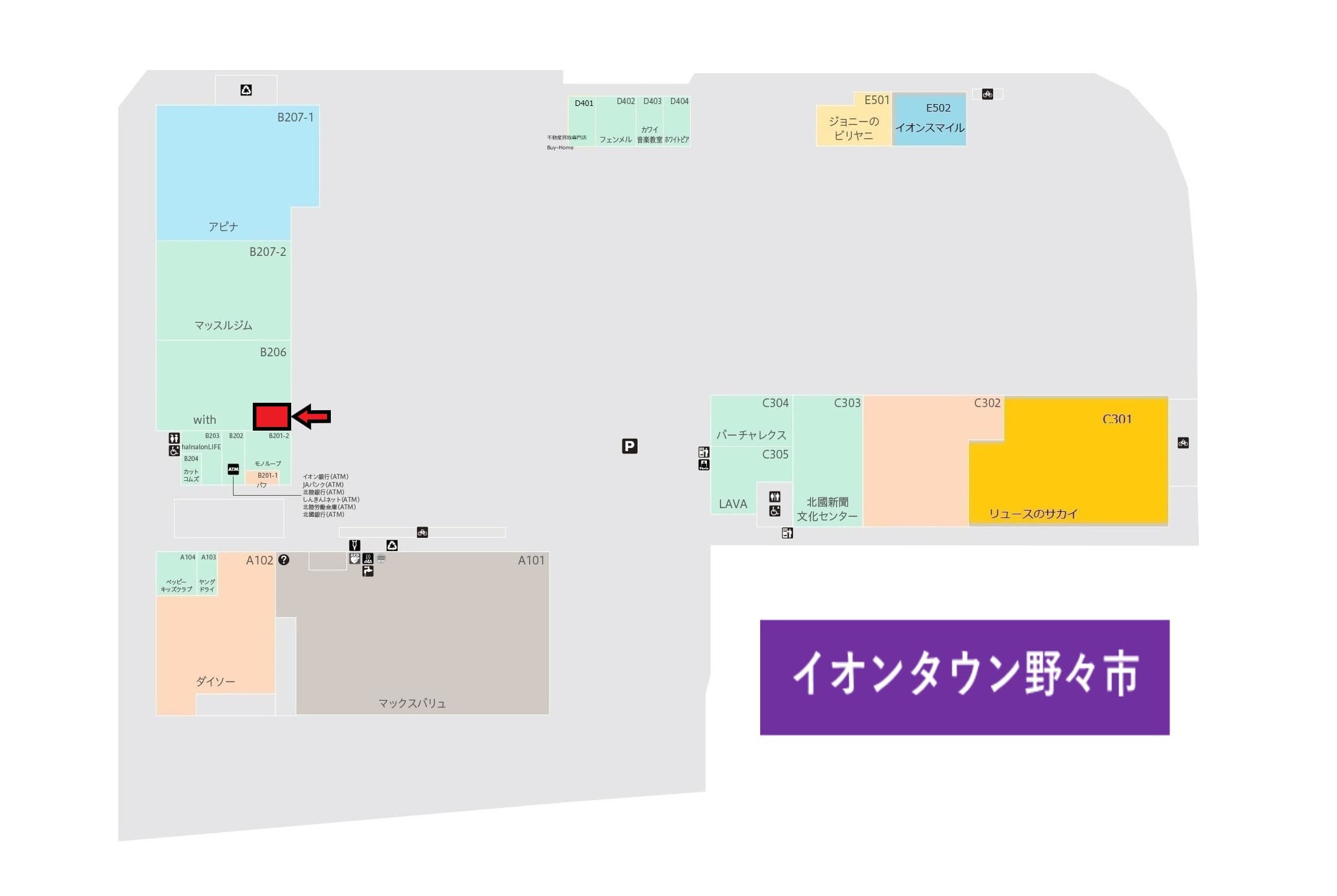 野々市205:15.08坪 物販(携帯・メガネ)、サービス(塾・携帯修理・接骨院)、食物販(和菓子・洋菓子)の図面・フロアマップ
