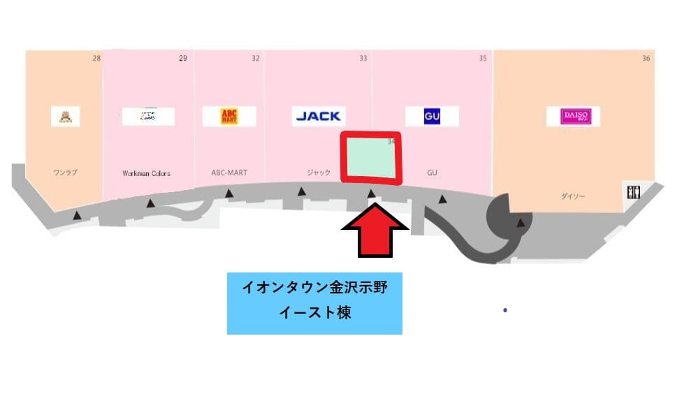 金沢示野D-05:35.26坪(衣料(メンズ、レディース、キッズ、古着)、物販(雑貨、お菓子、ホビー)、サービス(整骨院、リラクセーション、塾、事務所))の図面・フロアマップ