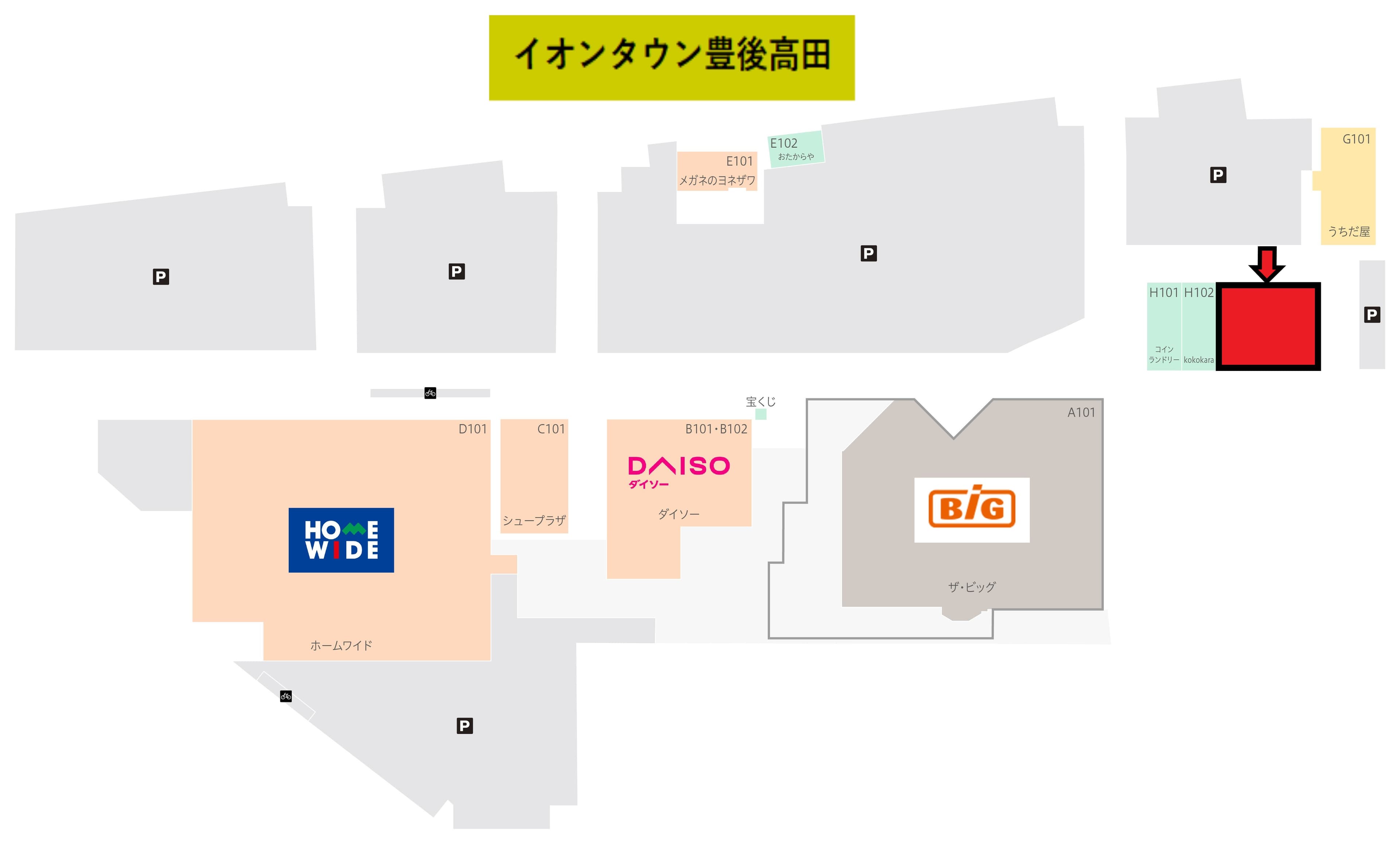 豊後高田:109.99坪 物販(衣料、メンズ、レディース、キッズ)、(携帯、ペットショップ) 、サービス(携帯修理、フィットネス、塾、ゲームセンター、カラオケ)の図面・フロアマップ