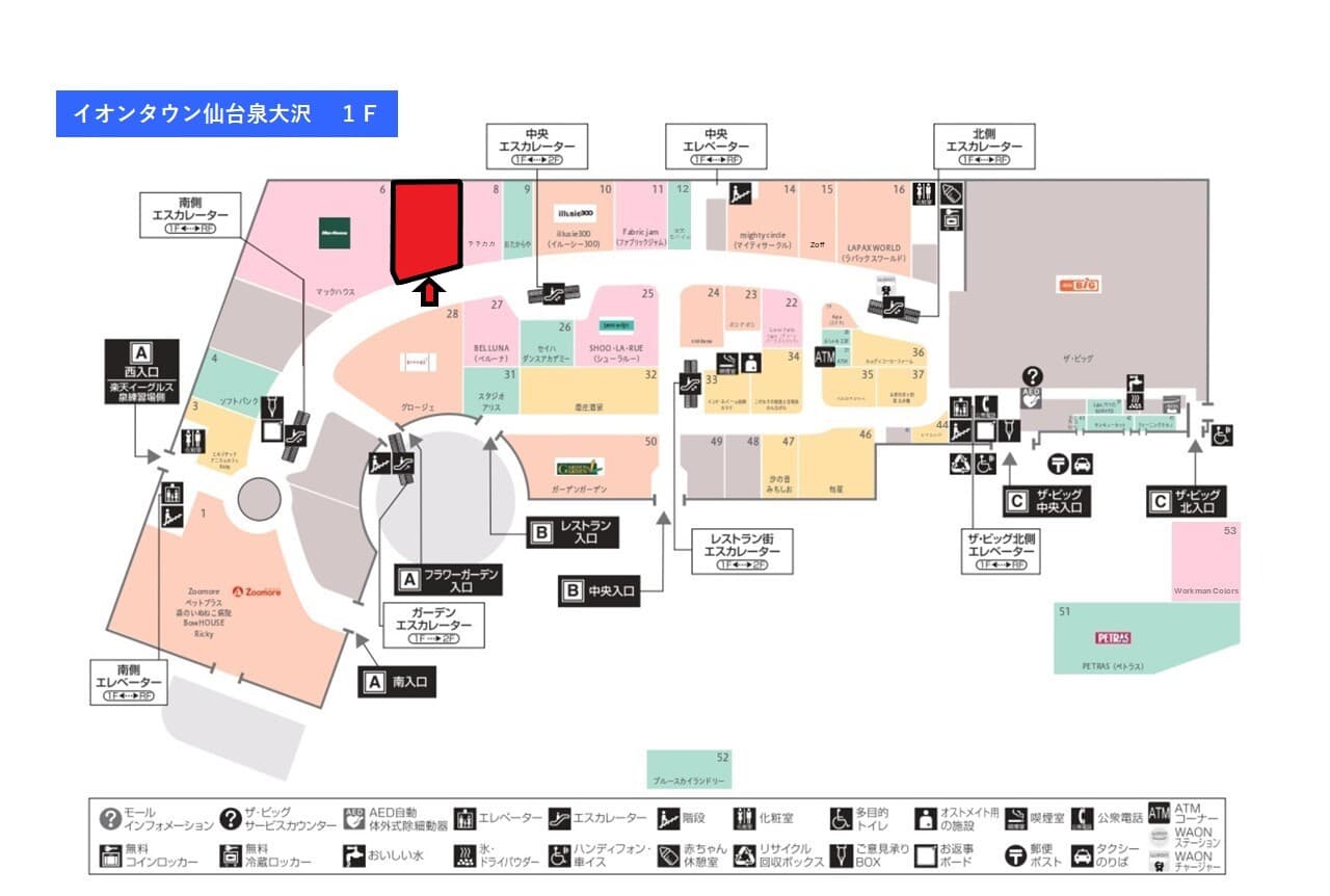仙台泉大沢113-1:72.17坪 物販:アパレル、雑貨等、 サービス:ショールーム等、大型サービスの図面・フロアマップ