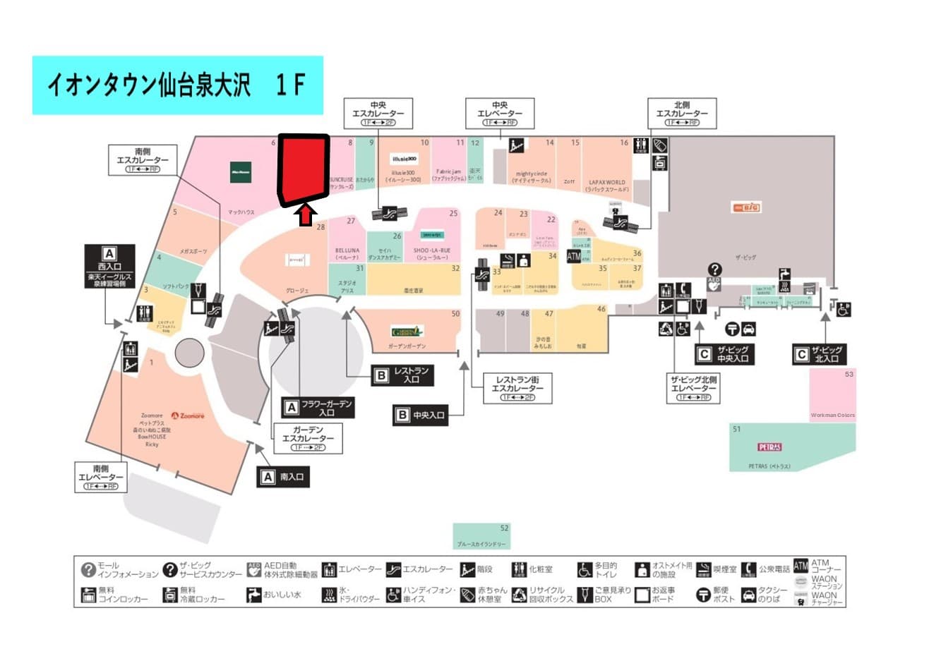 仙台泉大沢113-1:72.17坪 物販:アパレル、雑貨等、 サービス:ショールーム等、大型サービスの図面・フロアマップ
