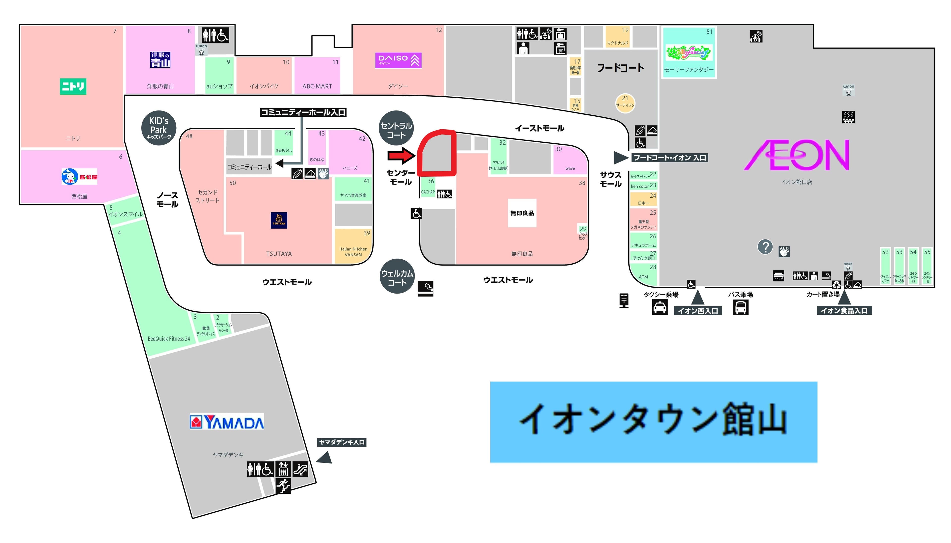 館山126:67.42坪 物販(衣料、スポーツ、ペット等) 、サービス(観光等) 、飲食(カフェ) 、食物販、食品(生鮮三品、パン等)の図面・フロアマップ