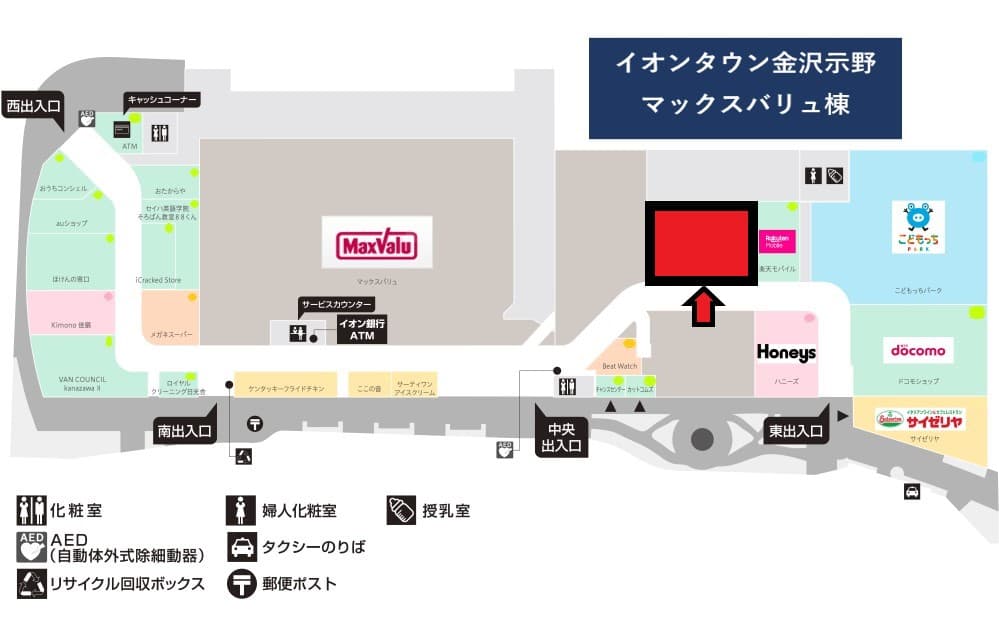 金沢示野MV-17/18:77.57坪 物販(衣料(メンズ・レディース・キッズ・実用)、携帯販売、雑貨、化粧品) 、サービス(体操教室・塾)の図面・フロアマップ